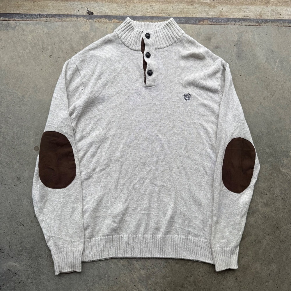 Chaps Mens Mock Neck Button Sweater Oatmeal Heather Elbow Patches Large